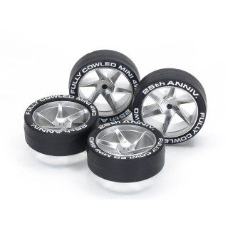 フルカウルミニ四駆25周年記念 スーパーハードタイヤ&マットクロムメッキホイール(スパイラル) [95117]]