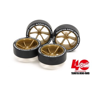 ミニ四駆40周年記念スーパーハード大径ローハイトタイヤ&6本スポークホイール [95639]]